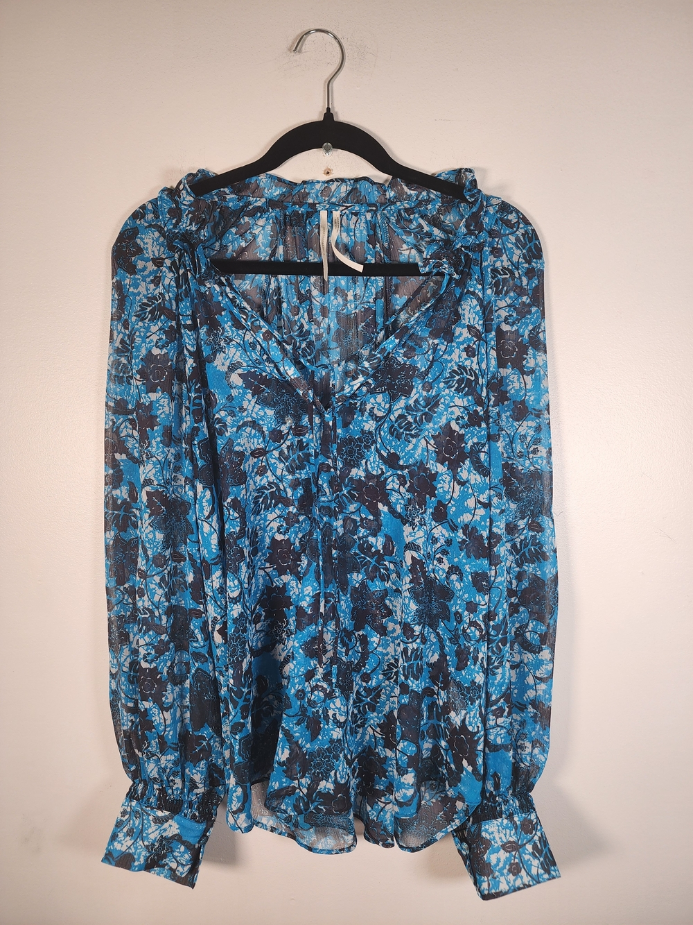 Anthropologie Blue Floral Sheer V-Neck Blouse - Picture 3 of 8
